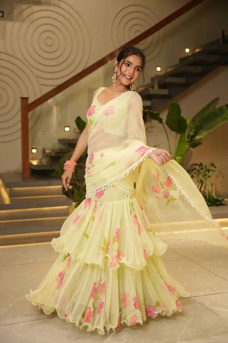 Trendy Georgette Ruffle Lehenga Saree with Digital Print Blouse