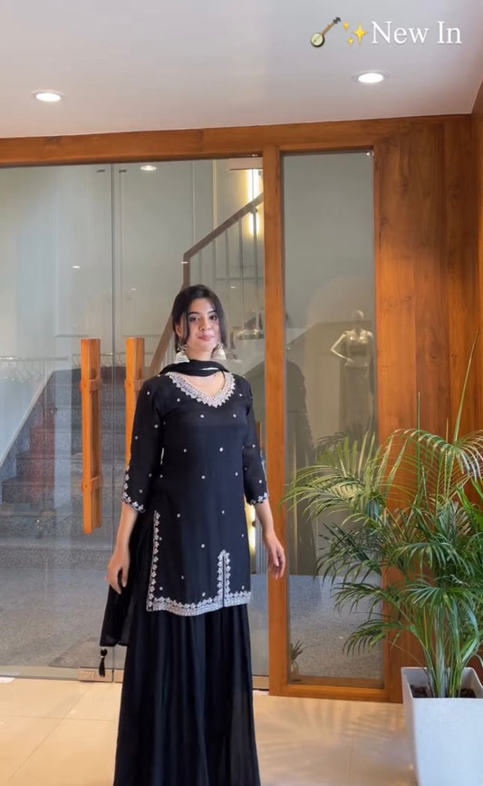 Designer Party Wear Georgette Palazzo Suit Set with Sequins Embroidery & Organza Dupatta