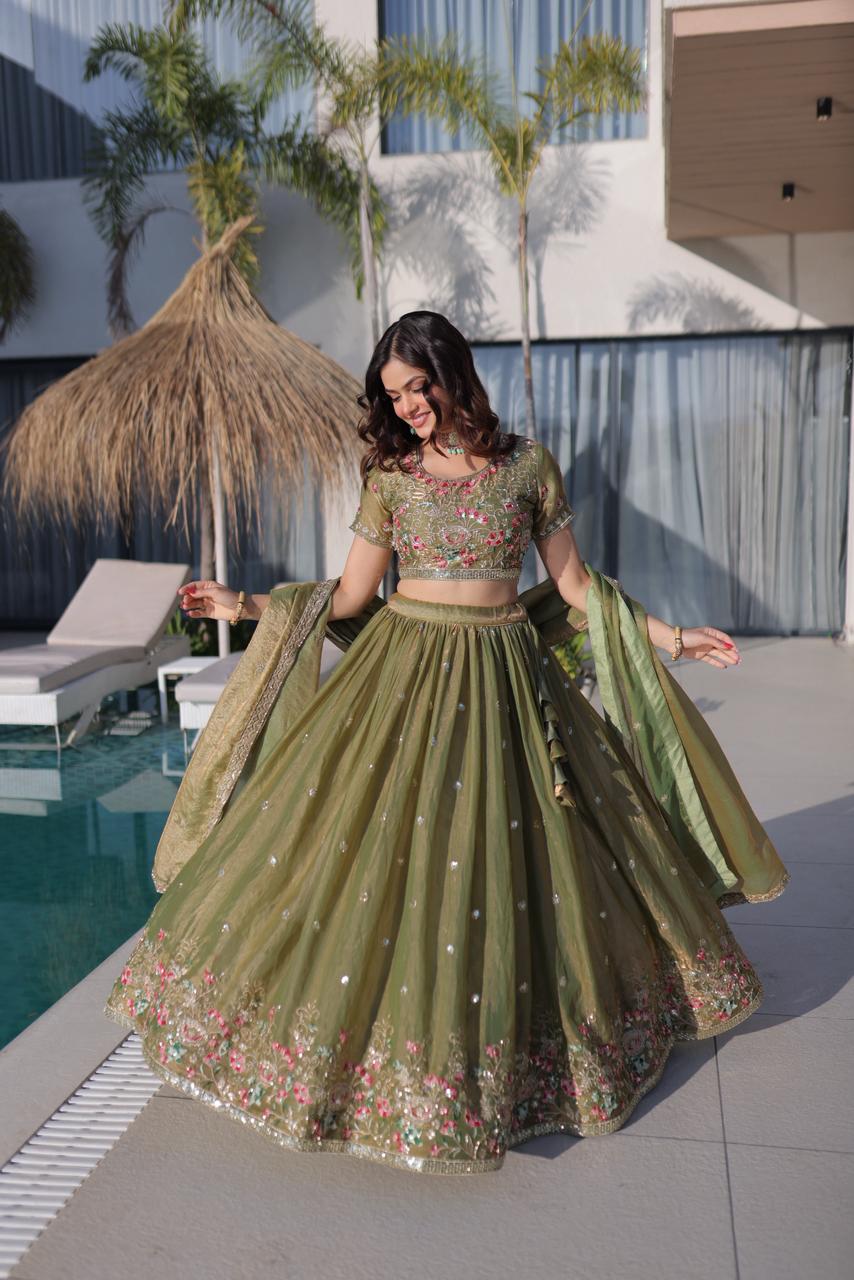 Designer Fendi Silk Lehenga Choli with Embroidered Dupatta
