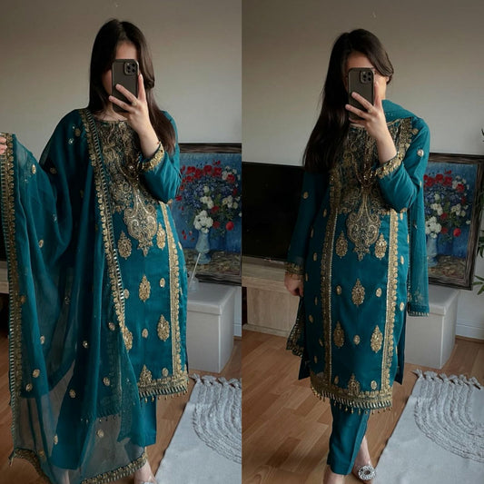 Pure Heavy Chinnon Silk Embroidered Sequence Work Suit Set for Women