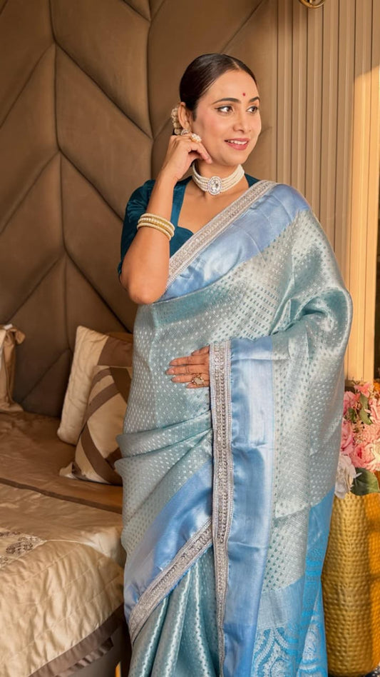 Sky Blue Silk Saree with Silver Zari Check Weaving | Premium Banarasi Tissue Saree