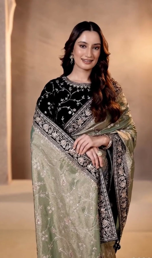 Pure Moss Chiffon Saree with All Over Embroidery & Velvet Blouse | Designer Party Wear