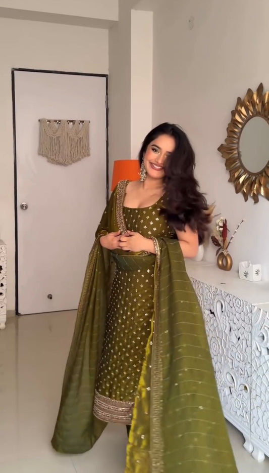 Premium Fendy Silk Embroidery Sequence Suit Set | Ready to Wear Ethnic Outfit for Women