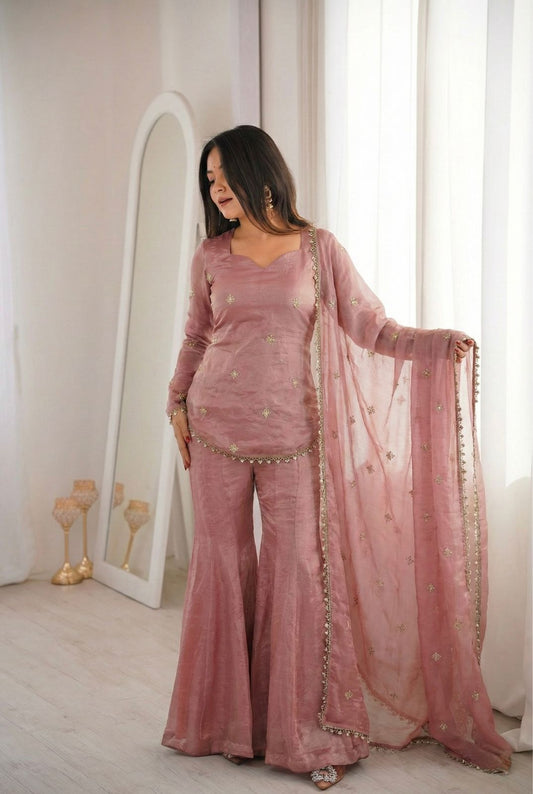 Luxury Crunchy Silk Embroidered Kurta Sharara Set with Dupatta | Premium Festive Wear