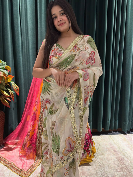 Celebrity Inspired Tebby Silk Digital Print Saree with Embroidery & Mirror Work