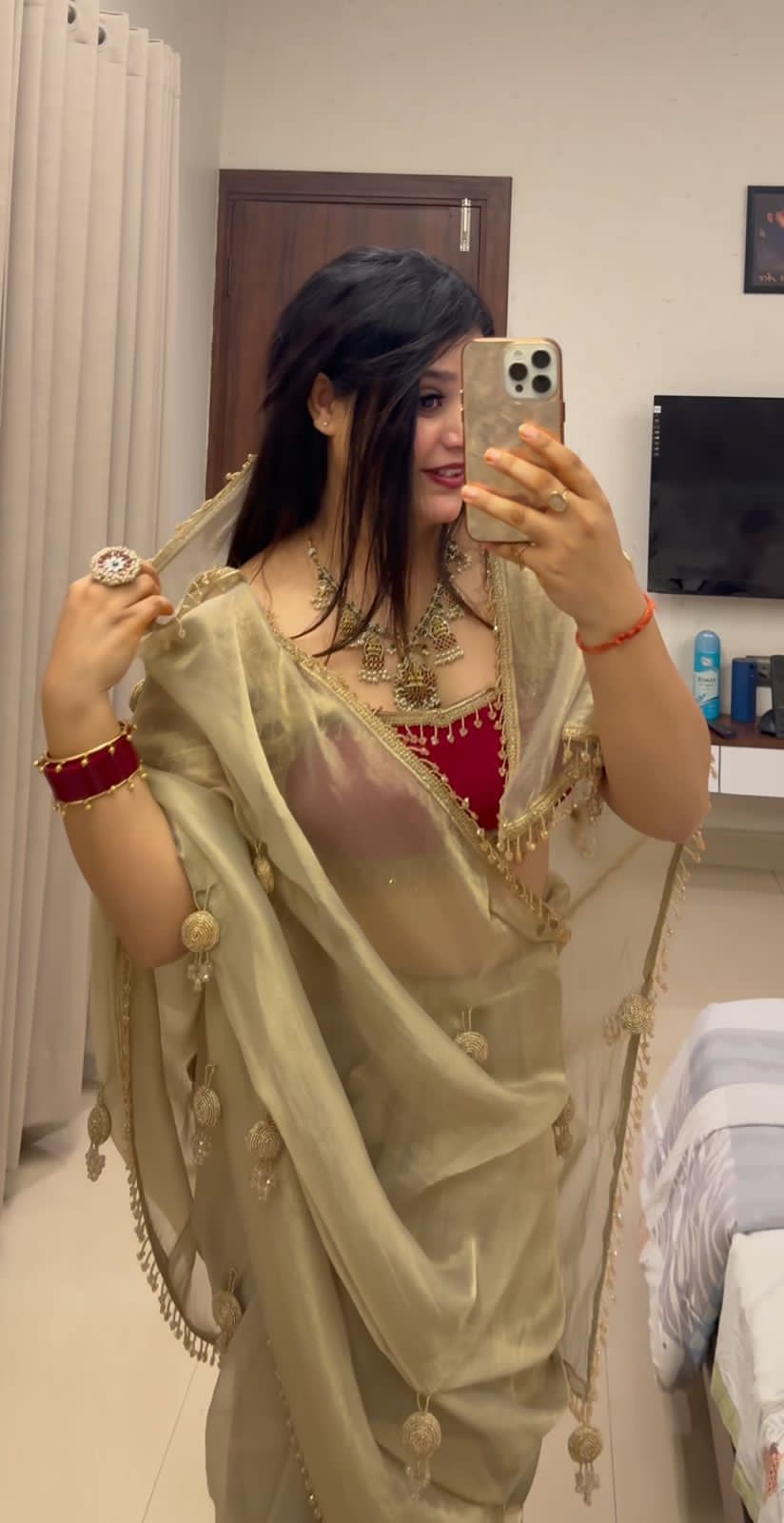 Designer Satin Saree with Crystal Moti Lace & Handcrafted Latkan