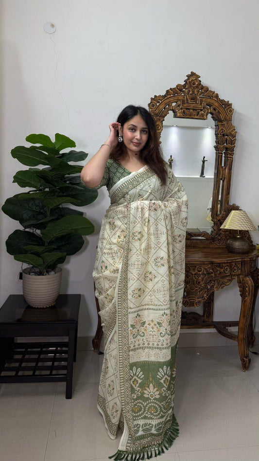 Pure Linen Cotton Saree with Digital Print & Hand Tassels