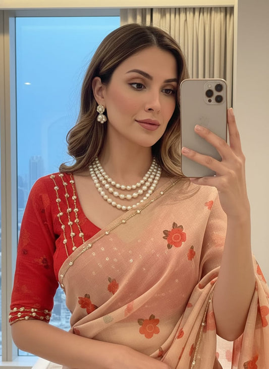 Teby Satin Floral Digital Print Saree with Khatli & Cutdana Work | Designer Party Wear Saree