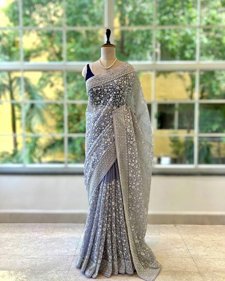 Premium Shimmer Silk Saree with Chikankari Embroidery & Sequin Work