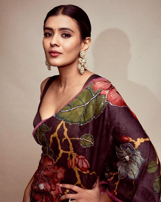 Japan Satin Half Half Saree with Floral Printed Pallu & Handwork | 5.5m with Blouse