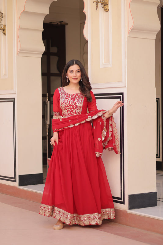 Designer Faux Blooming Gown with Zari & Sequin Work Dupatta | Ready-Made Festive Wear