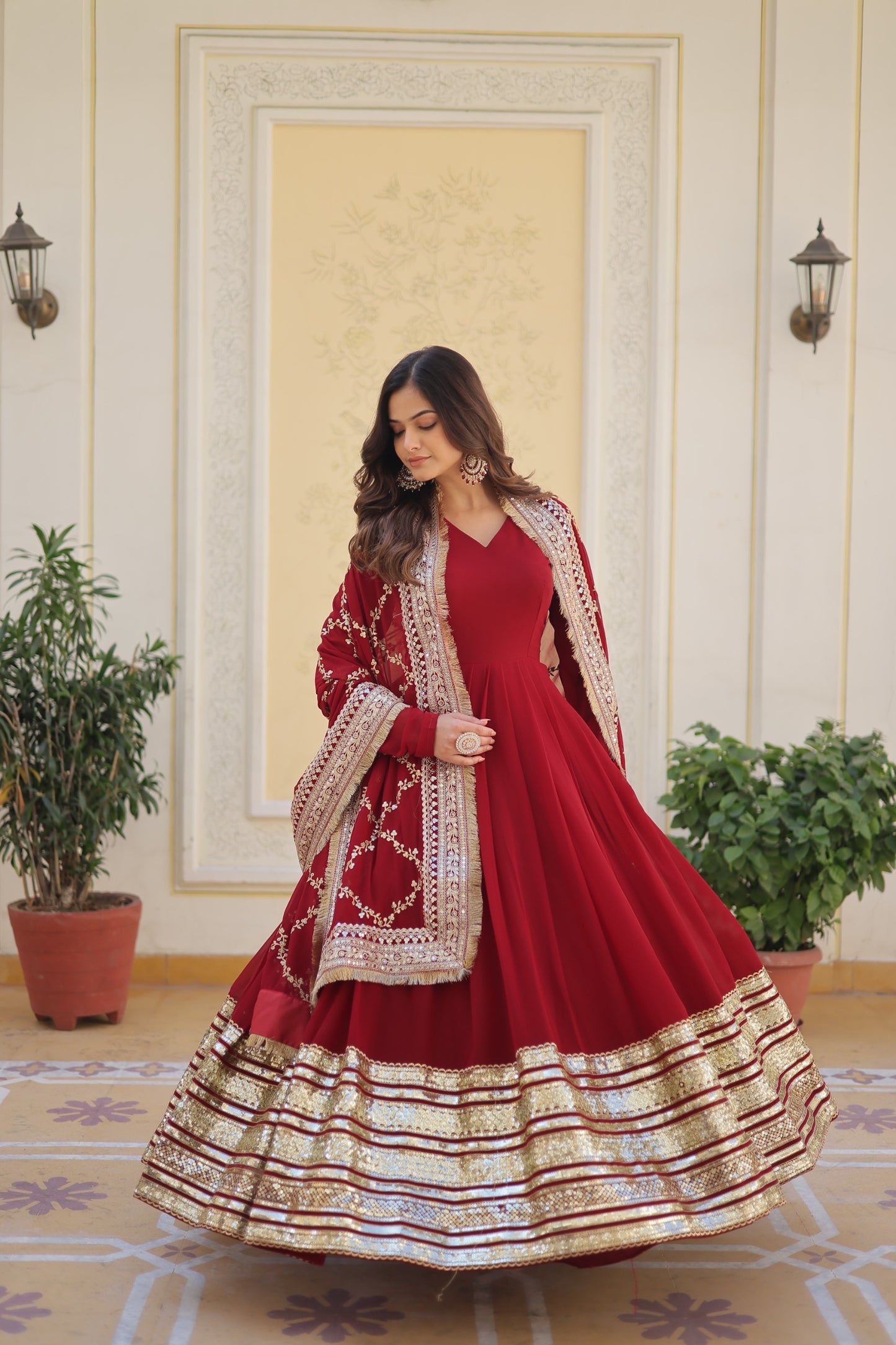 Designer Maroon Faux Blooming Gown with Zari & Sequin Work Dupatta | Ready-Made Party Wear