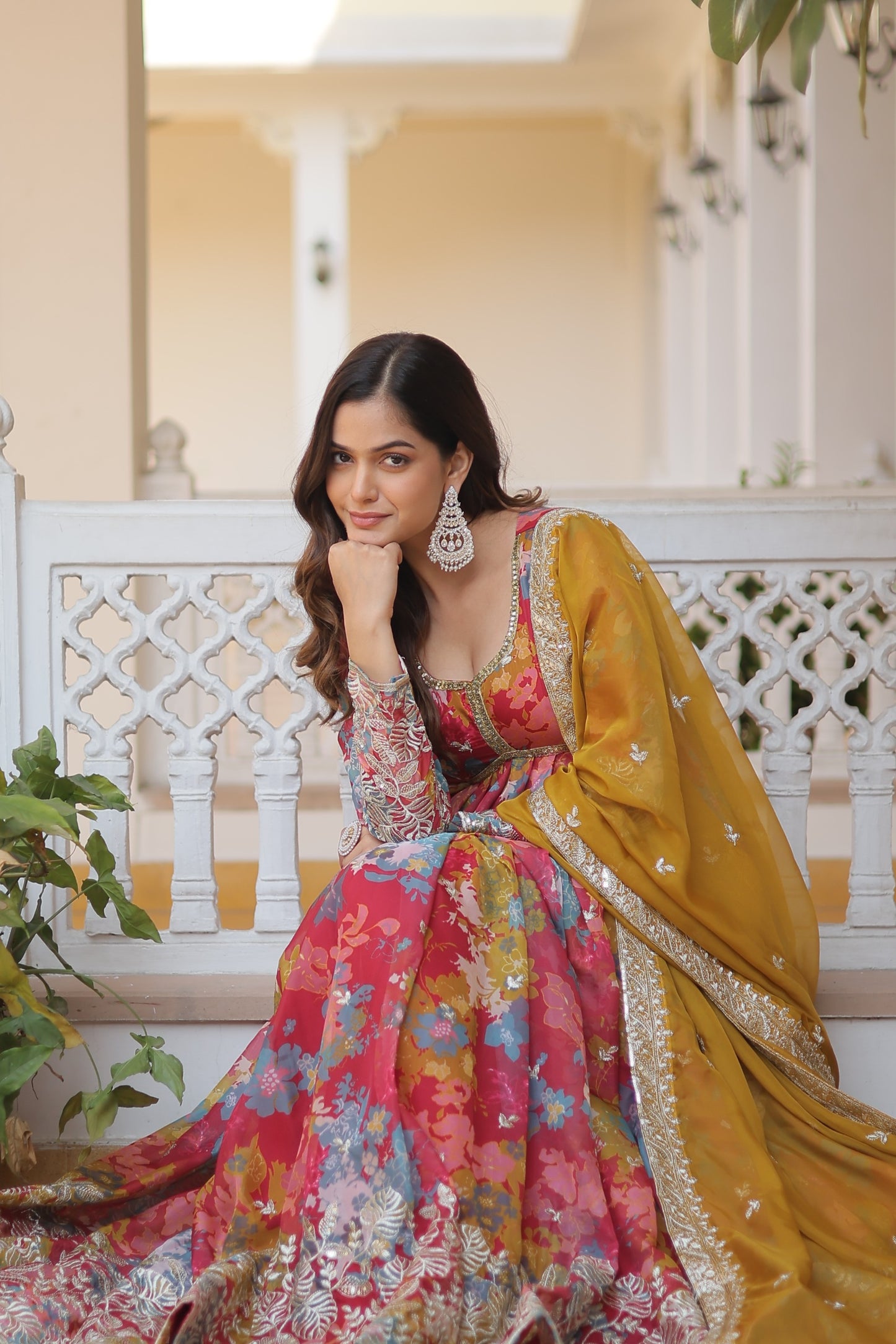 Designer Alia Cut Gown with Dupatta – Digital Printed Russian Silk with Zari & Sequins Work