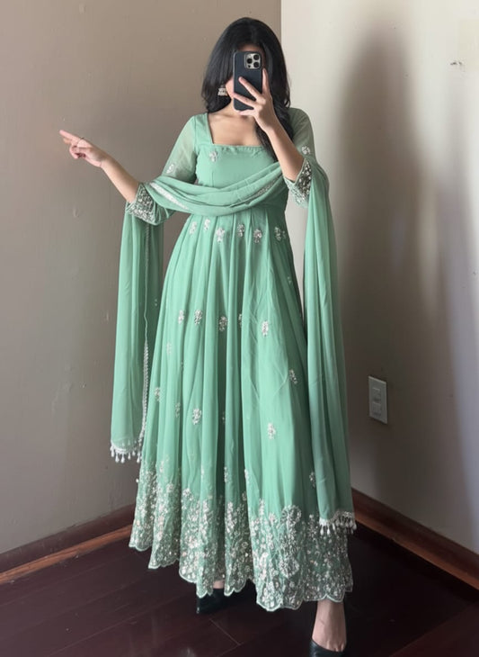 Pastel Green Faux Georgette Anarkali Suit with Heavy Embroidery & Dupatta