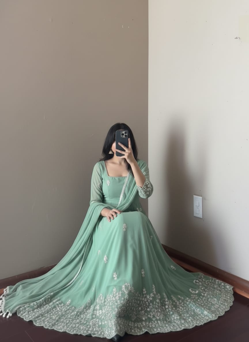 Pastel Green Faux Georgette Anarkali Suit with Heavy Embroidery & Dupatta