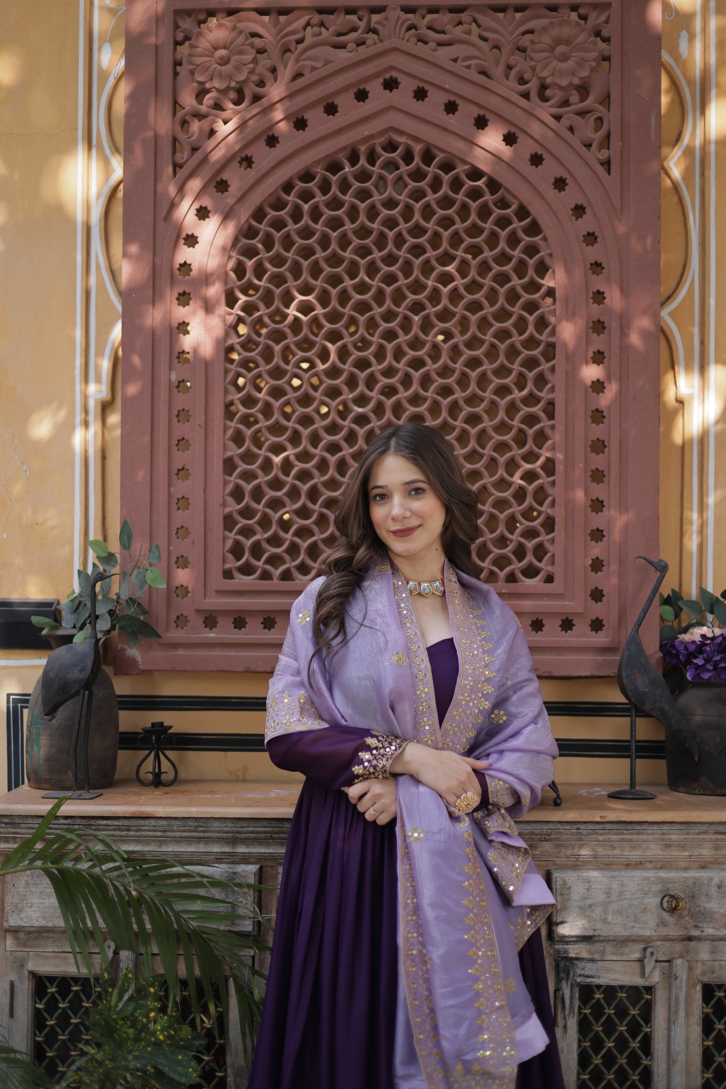 Premium Star Georgette Embroidered Zari Sequins Gown with Gold Crush Dupatta