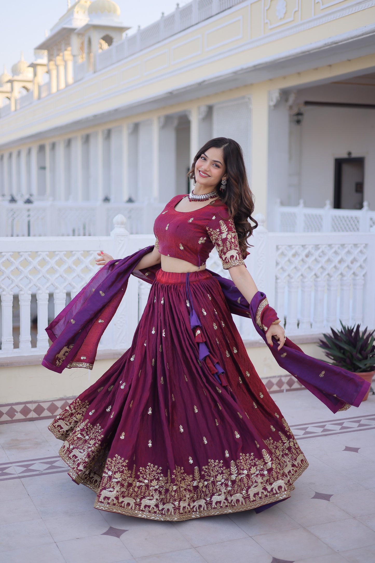 Designer Fendi Silk Lehenga Choli with Heavy Sequins & Zari Embroidery