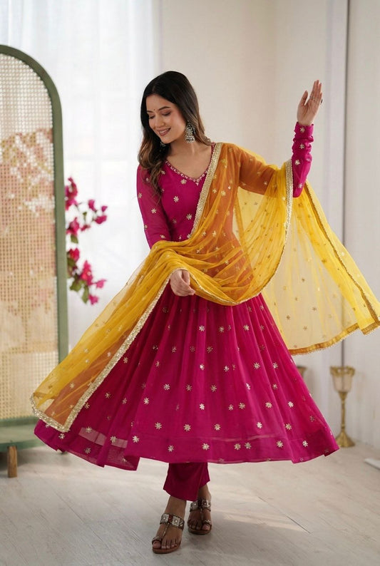 Presenting New Designer Collection In Faux Georgette With Embroidery Work Gown And Dupatta Set Fully Stitched Ready To Wear