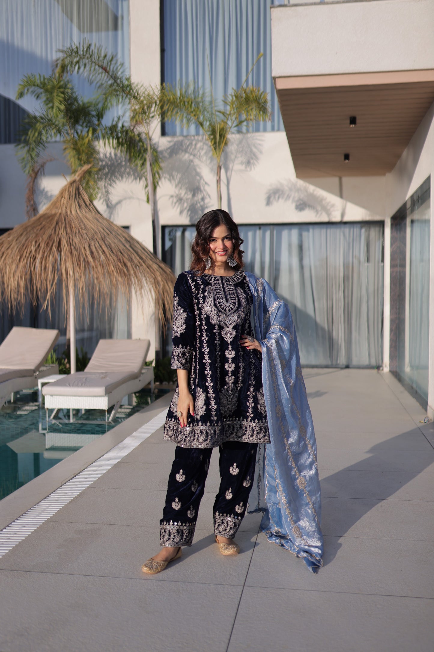Ready-Made Velvet Top-Pant Set with Zari Embroidery & Sequined Fendi Dupatta โ Party & Festival Wear