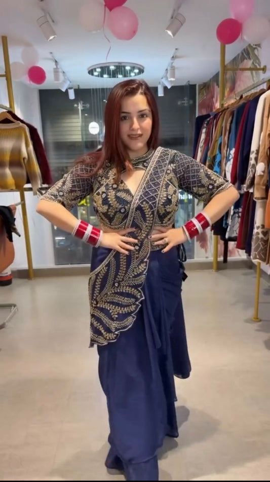 Ready to Wear Rangoli Silk Drape Saree with Beads Embroidery & Stitched Blouse – Party Wear (Up to 42)