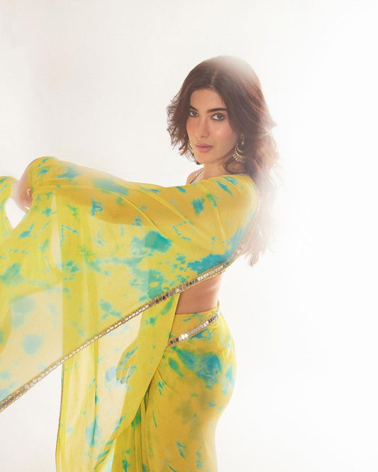 Colorful Georgette Digital Printed Saree with Real Mirror Lace Border & Fully Embroidered Blouse | Party & Festive Wear