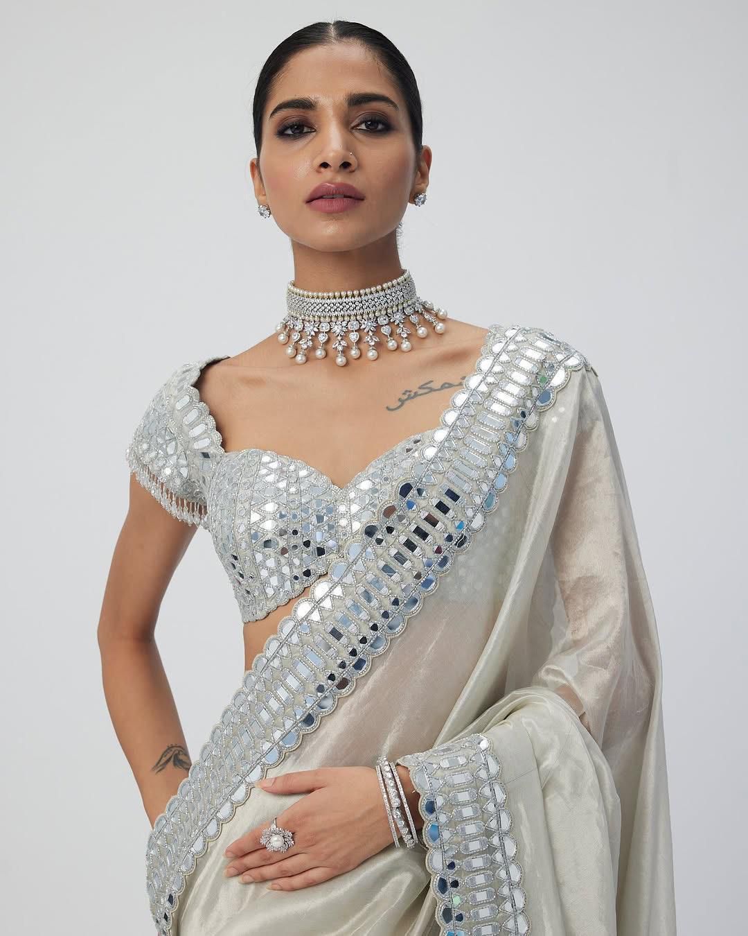 Satin Organza Saree with Real Mirror Work Embroidered Borders