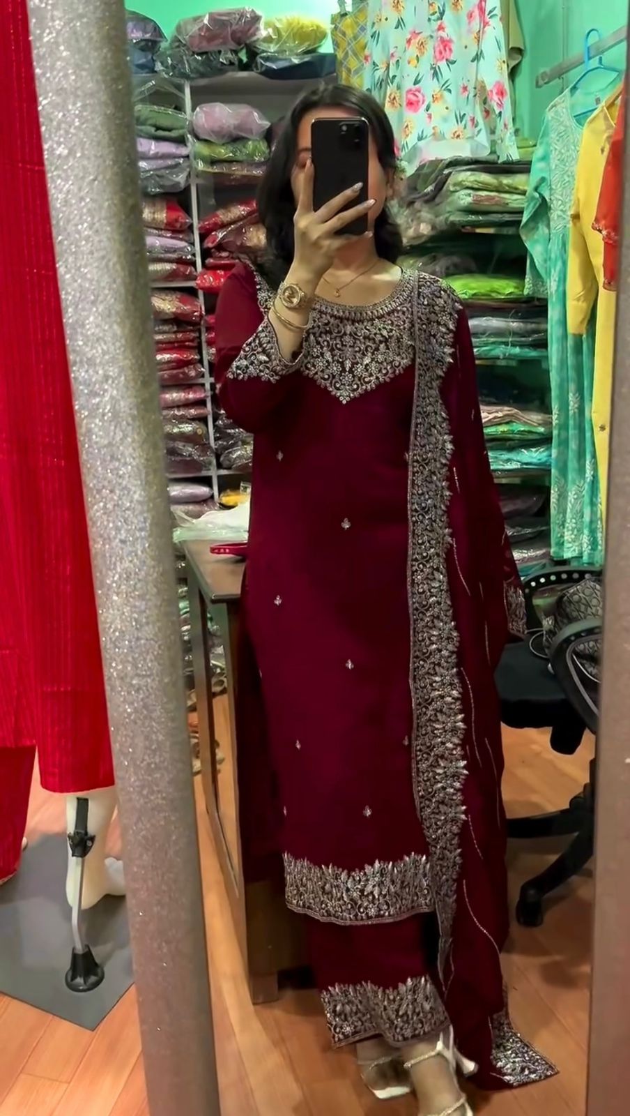 Pure Chinon Silk 3 Piece Long Kurti Palazzo Set with Heavy Embroidery & Dupatta