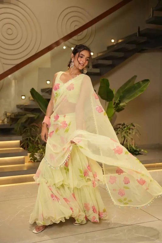 Trendy Georgette Ruffle Lehenga Saree with Digital Print Blouse