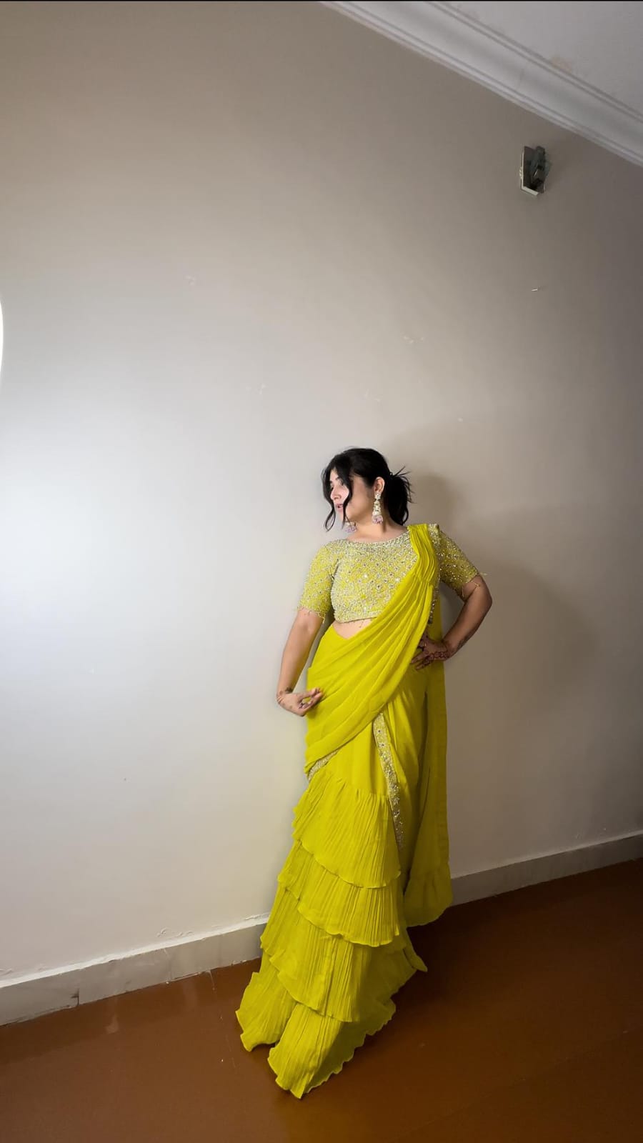 Ready-to-Wear Georgette Frill Draped Saree with Multi Thread Embroidery & Sequins | Party Wear
