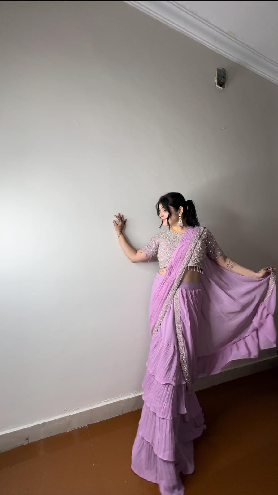 Ready-to-Wear Georgette Frill Draped Saree with Multi Thread Embroidery & Sequins | Party Wear