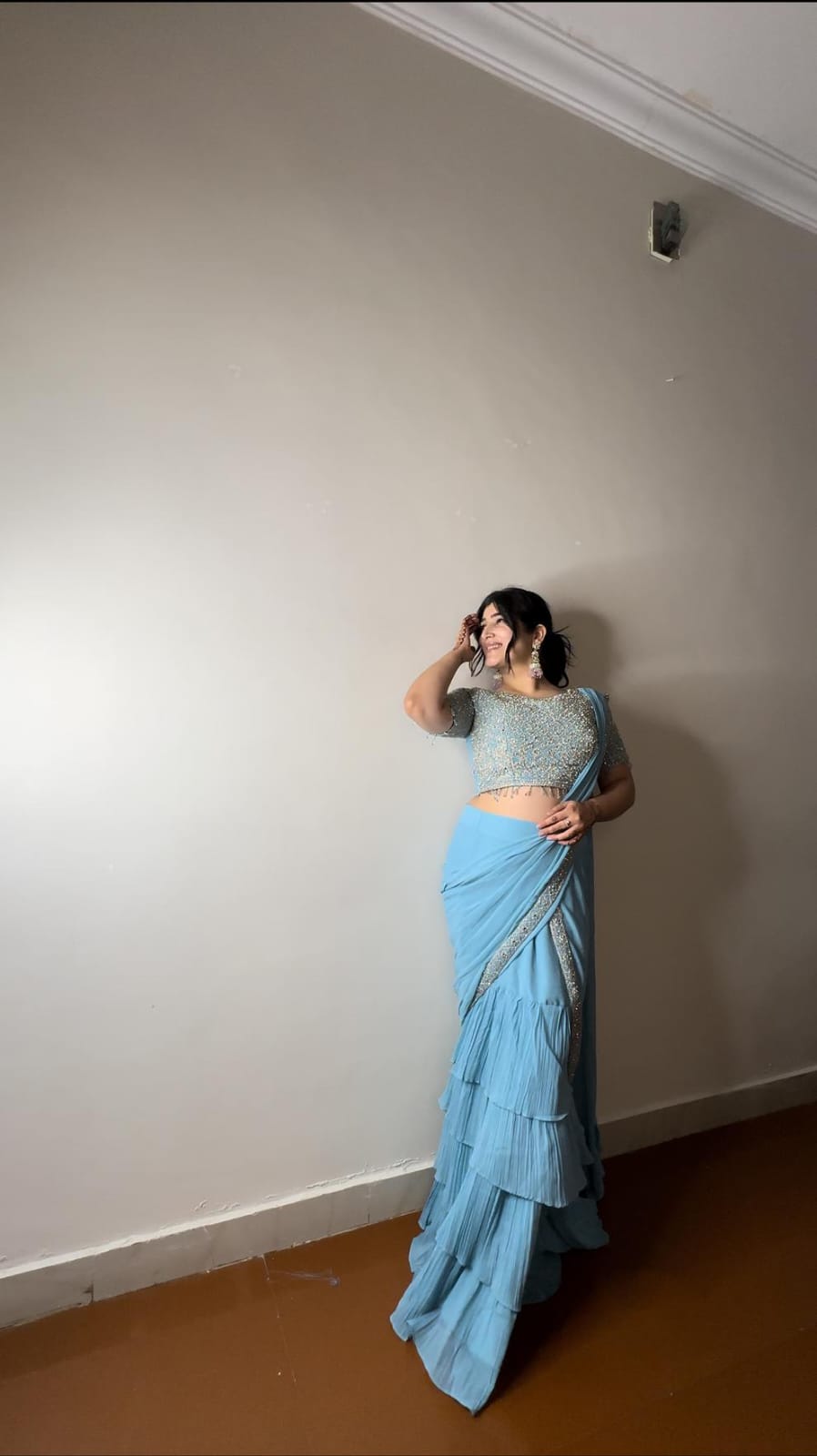 Ready-to-Wear Georgette Frill Draped Saree with Multi Thread Embroidery & Sequins | Party Wear