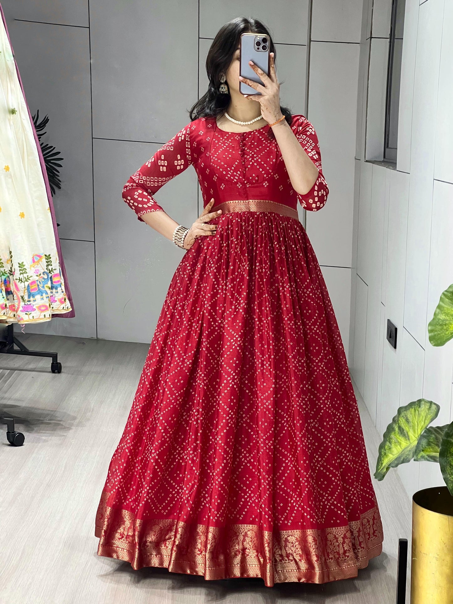 Ruby Red Bandhani Anarkali Gown for Women | Soft Chinon Silk with 3.80 Meter Flair | Party Wear