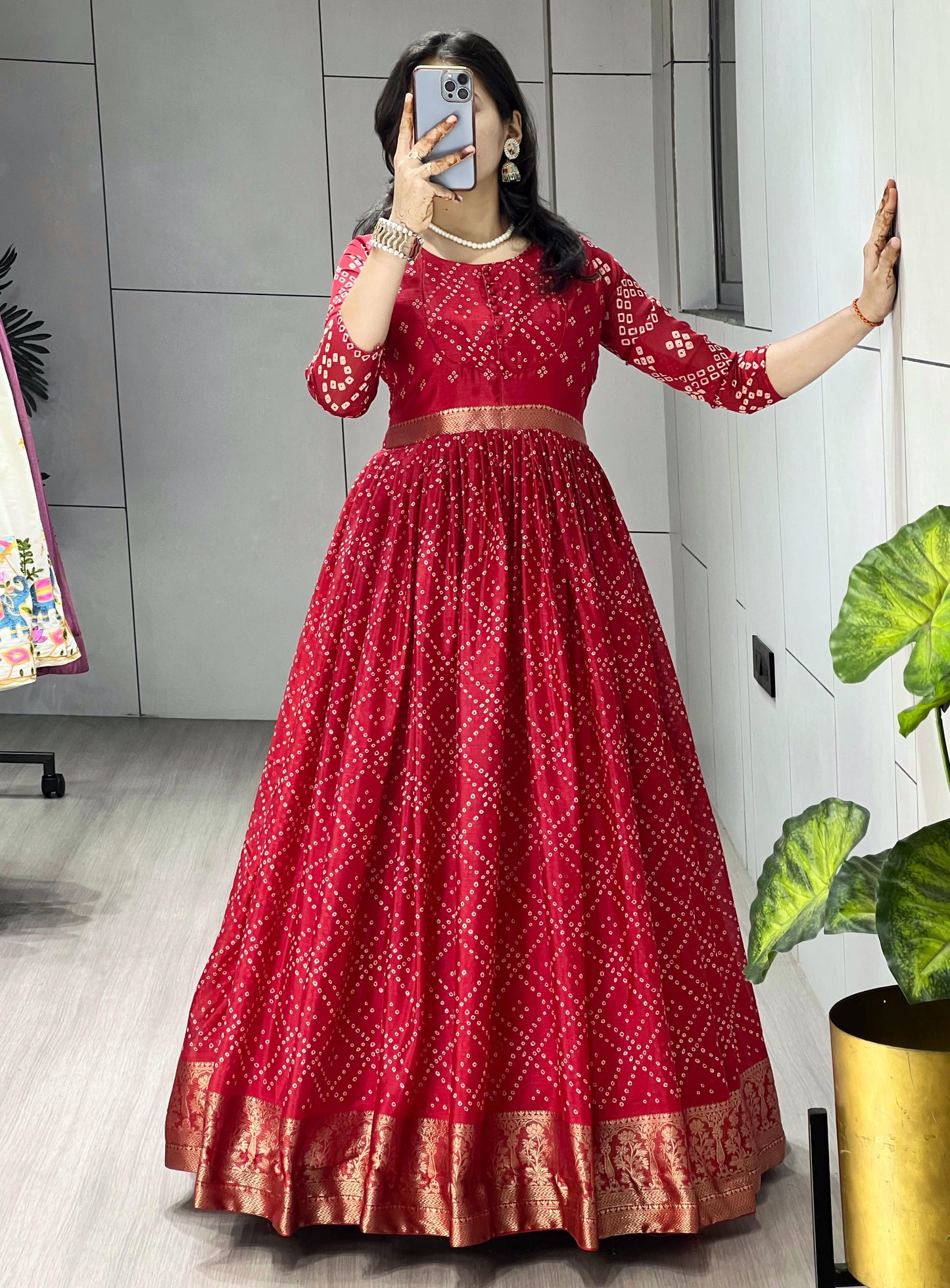 Ruby Red Bandhani Anarkali Gown for Women | Soft Chinon Silk with 3.80 Meter Flair | Party Wear