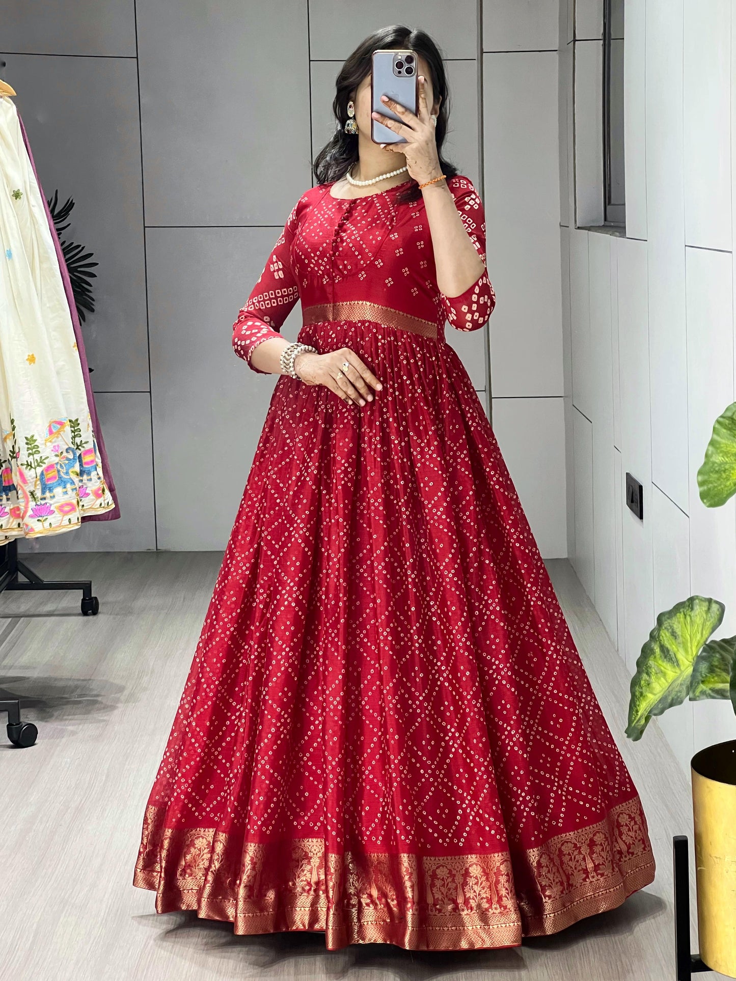 Ruby Red Bandhani Anarkali Gown for Women | Soft Chinon Silk with 3.80 Meter Flair | Party Wear