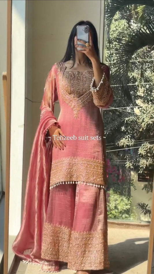 Designer Fendy Silk Sharara Suit for Women | Embroidery Sequence Work with Dupatta