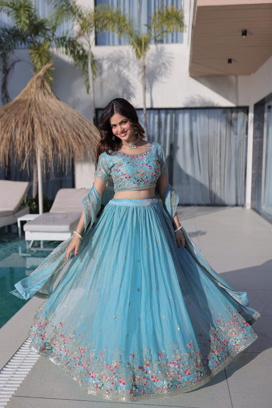 Designer Fendi Silk Lehenga Choli with Embroidered Dupatta