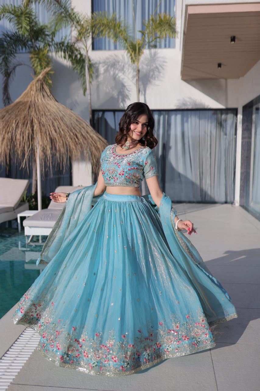 Designer Fendi Silk Lehenga Choli with Embroidered Dupatta