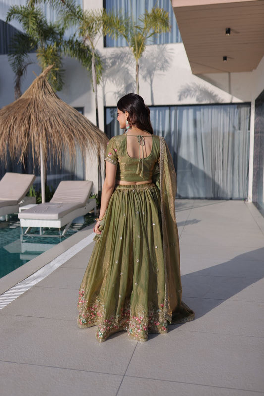 Designer Fendi Silk Lehenga Choli with Embroidered Dupatta