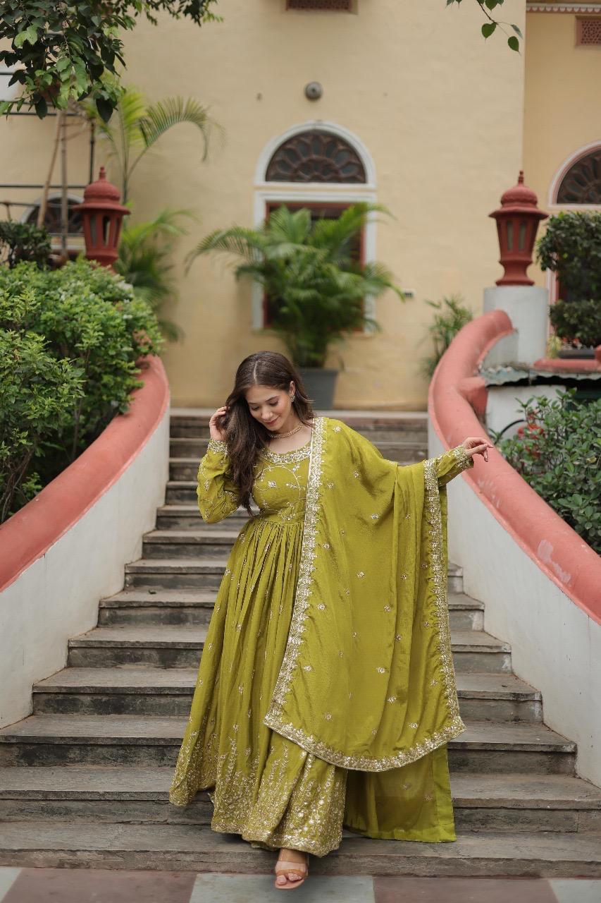 Premium Designer Chinon Sequins Embroidered Sharara Set with Dupatta