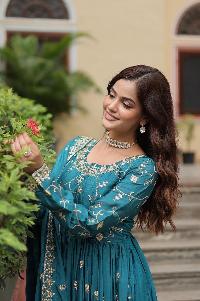 Premium Designer Chinon Sequins Embroidered Sharara Set with Dupatta