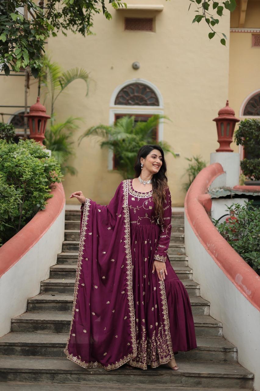 Premium Designer Chinon Sequins Embroidered Sharara Set with Dupatta