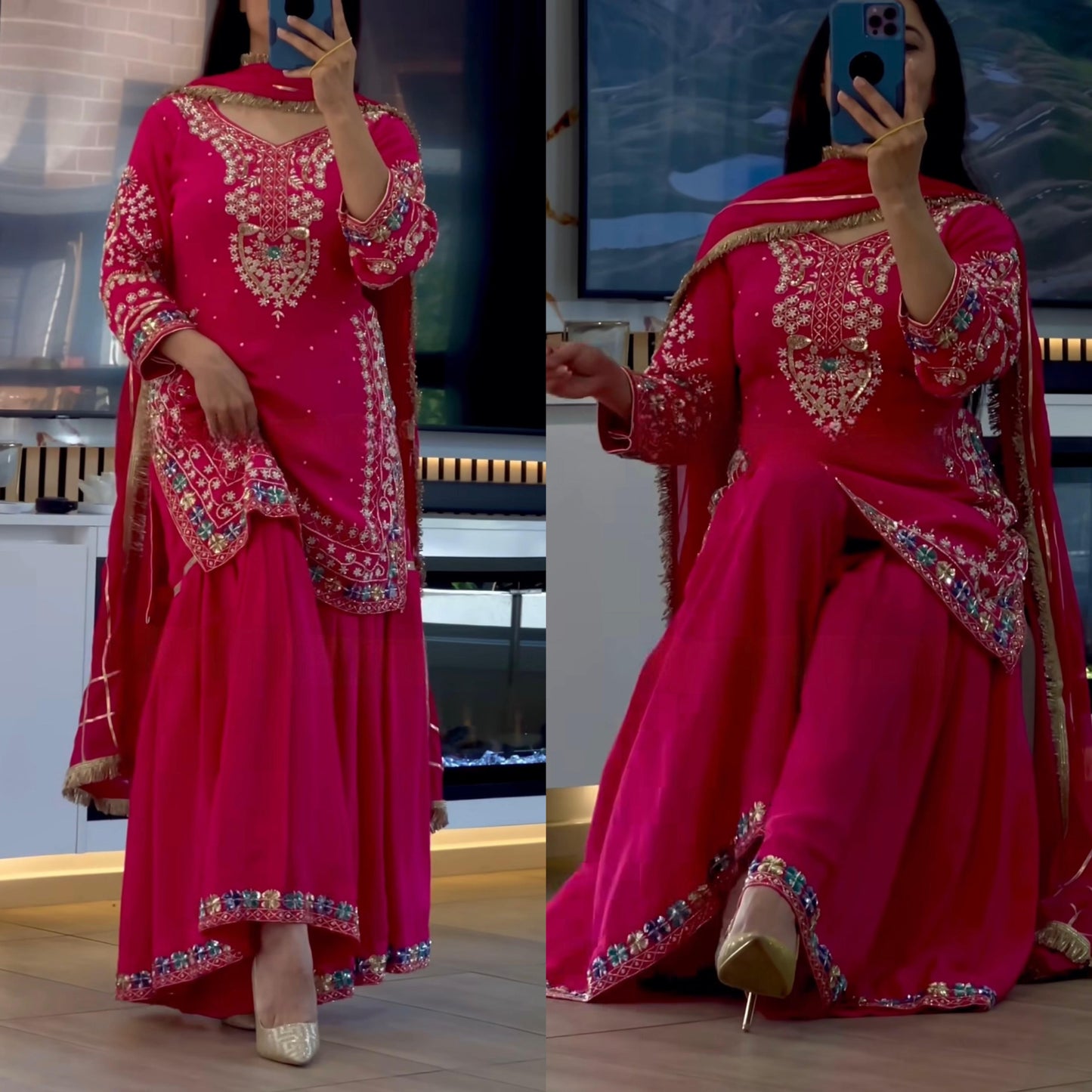 Heavy Chinon Embroidered Sharara Set with Full Sleeve Top & Fancy Dupatta |  Party & Wedding Wear