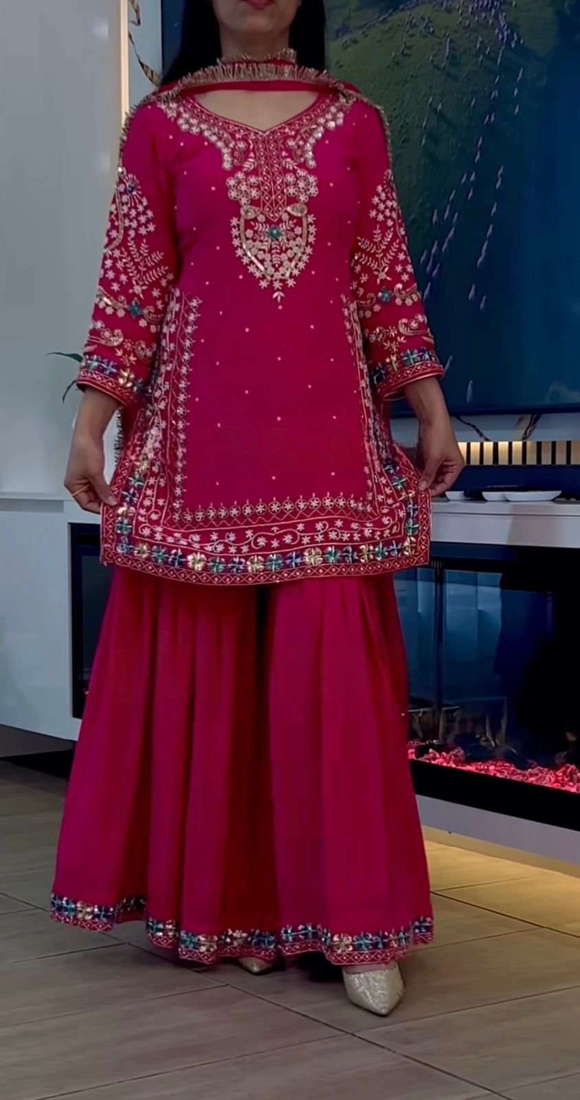 Heavy Chinon Embroidered Sharara Set with Full Sleeve Top & Fancy Dupatta |  Party & Wedding Wear