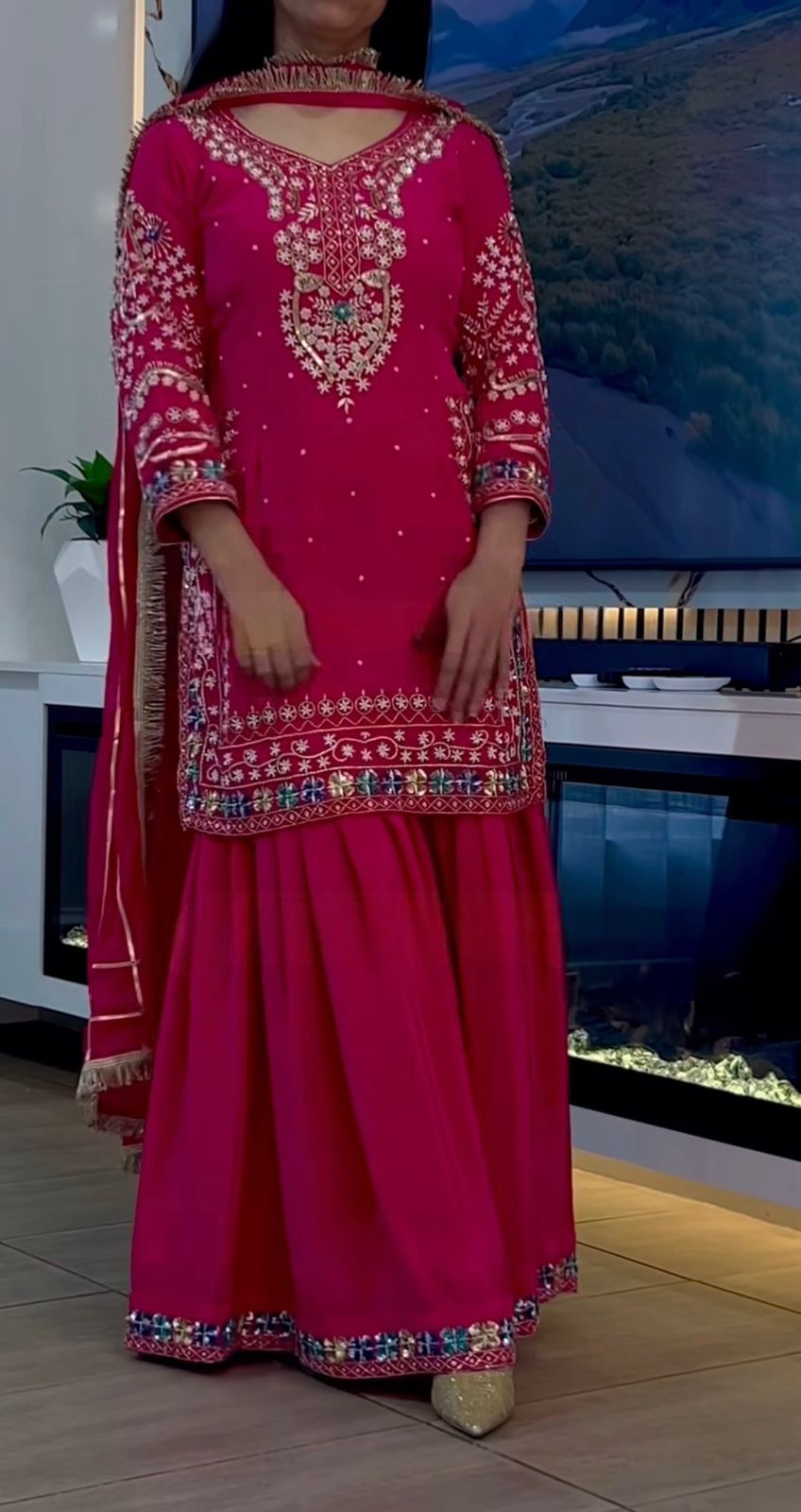 Heavy Chinon Embroidered Sharara Set with Full Sleeve Top & Fancy Dupatta |  Party & Wedding Wear