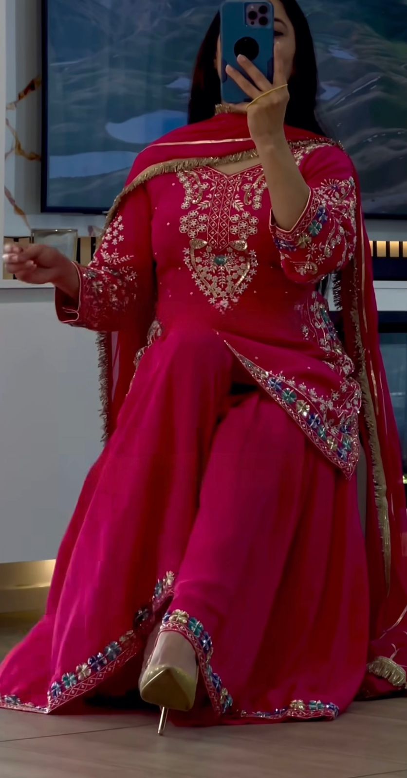 Heavy Chinon Embroidered Sharara Set with Full Sleeve Top & Fancy Dupatta |  Party & Wedding Wear