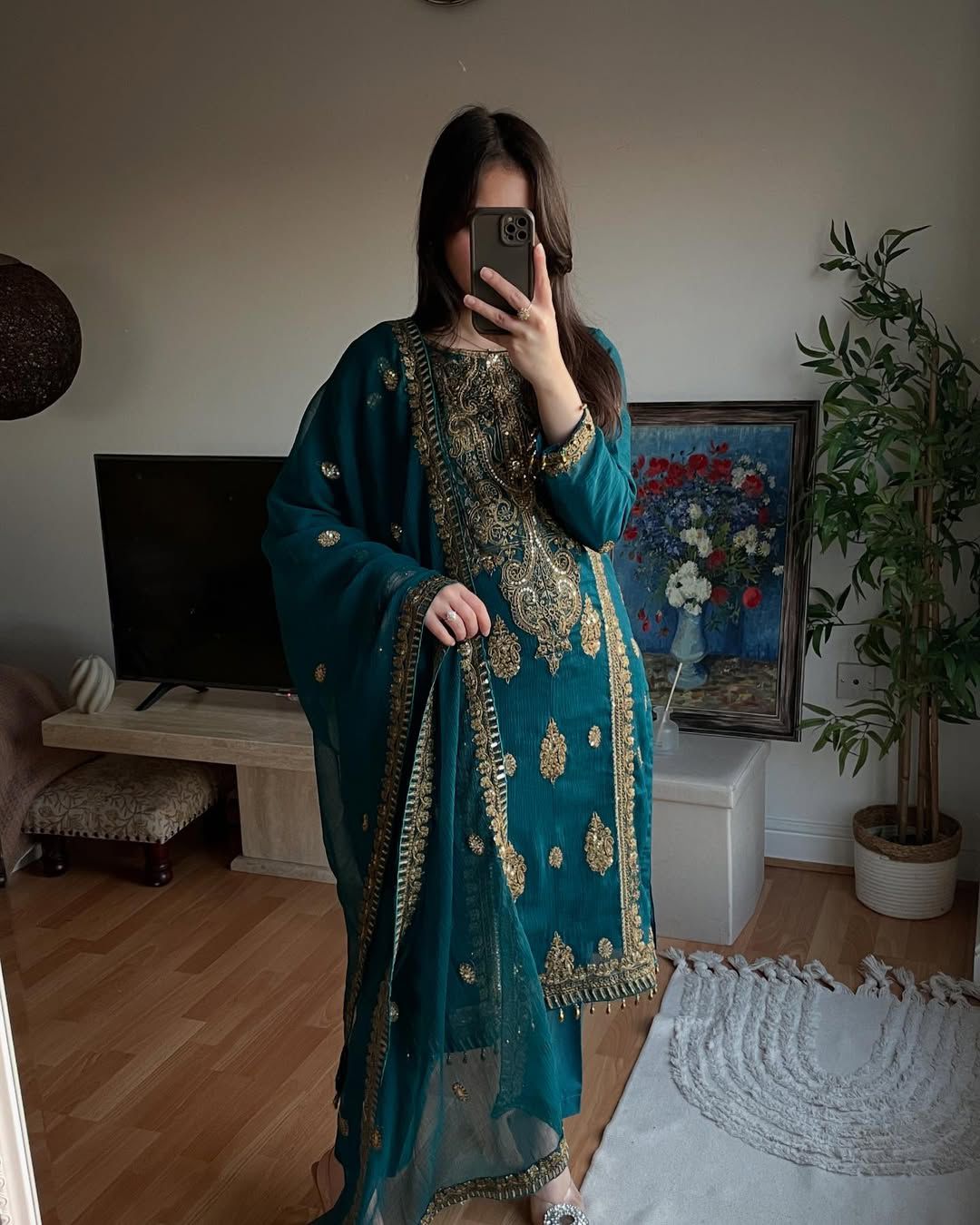 Pure Heavy Chinnon Silk Embroidered Sequence Work Suit Set for Women