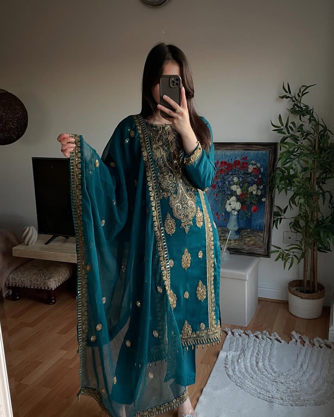Pure Heavy Chinnon Silk Embroidered Sequence Work Suit Set for Women