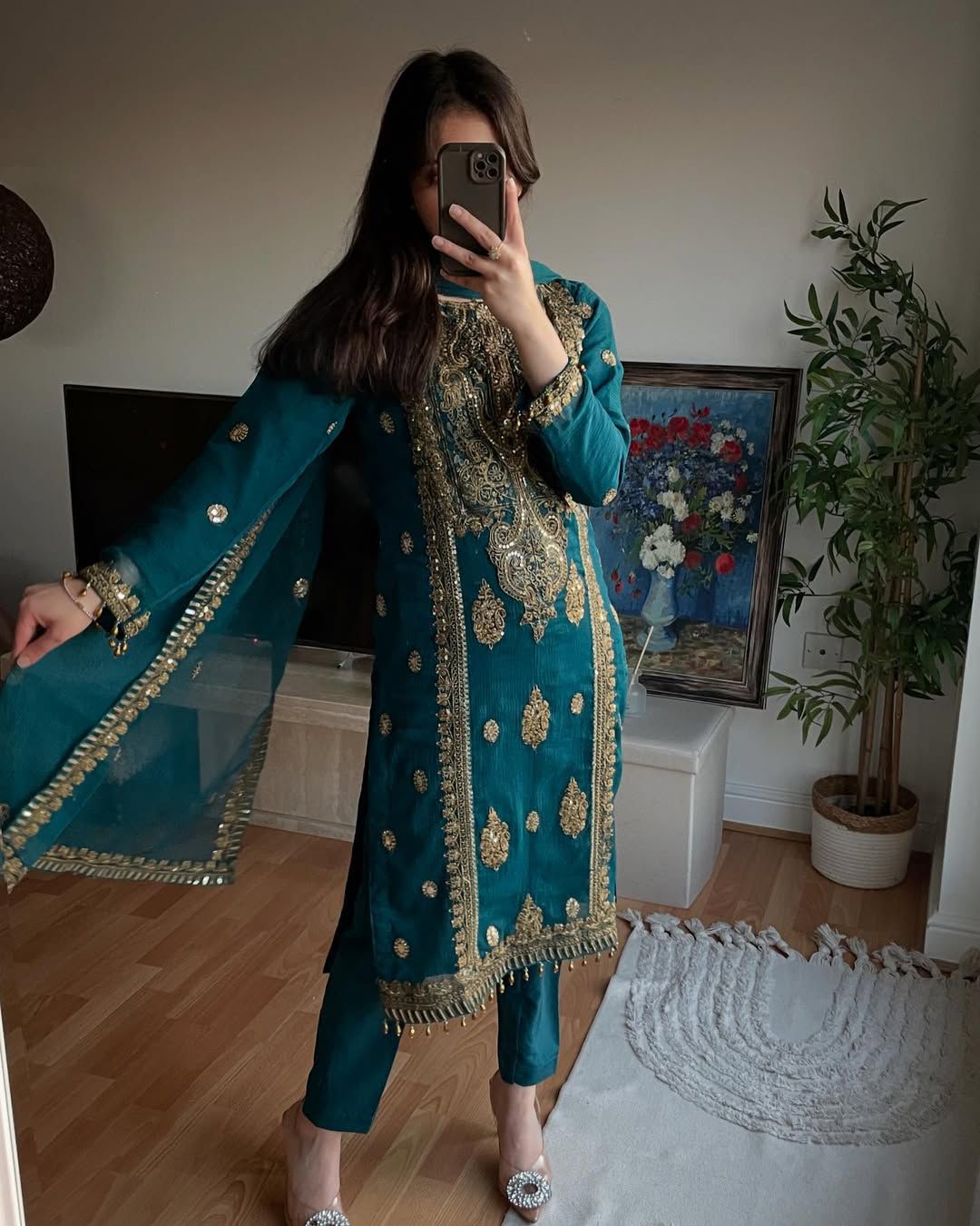 Pure Heavy Chinnon Silk Embroidered Sequence Work Suit Set for Women
