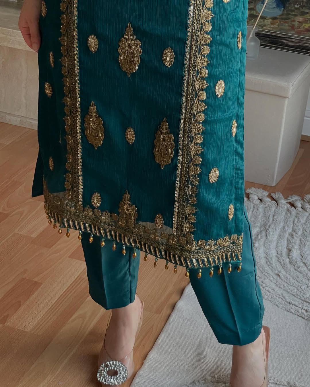 Pure Heavy Chinnon Silk Embroidered Sequence Work Suit Set for Women