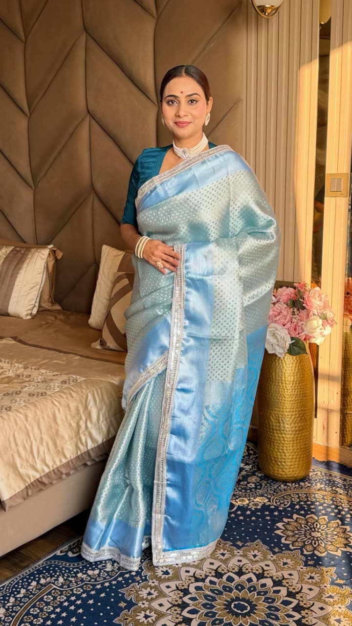 Sky Blue Silk Saree with Silver Zari Check Weaving | Premium Banarasi Tissue Saree